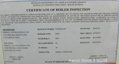 Used Viessman Atola-RS Series Natural Gas Fired Water Boiler, Model RS-8. CSA input 550 MBH, CSA output 468 MHB. 85% combustion efficiency, 99 square feet heat exchanger area. Max 60 psi.
