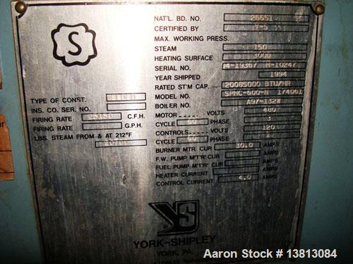 Used York Shipley 600 hp High Pressure Steam Boiler, Model SPHC-600-N 174 061.  20,085,000 btu/hour, 480 vac, 60 hz.  Manufactured 1994