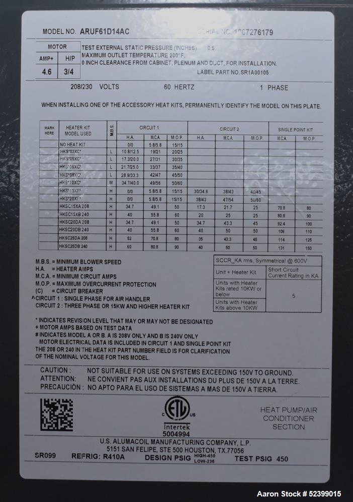 Used Goodman Model ARUF61D14AC Multi-Position, Multi-Speed Air Handler. 5 Ton capacity. Multi-position PSC motor. 24-1/2" Cabinet width. 1/60/208-230 Volt. Serial# 1907276179.