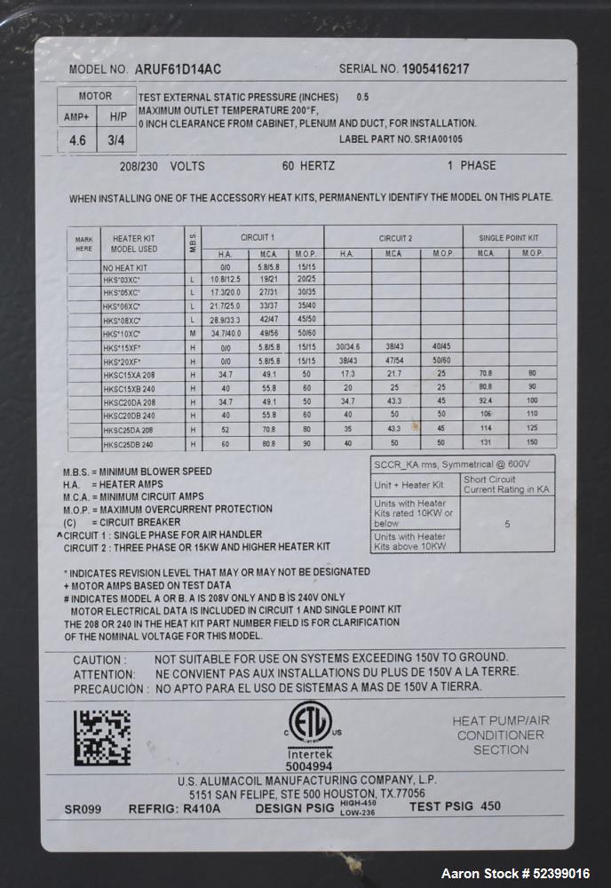 Used Goodman Model ARUF61D14AC Multi-Position, Multi-Speed Air Handler. 5 Ton capacity. Multi-position PSC motor. 24-1/2" Cabinet width. 1/60/208-230 Volt. Serial# 1905416217.