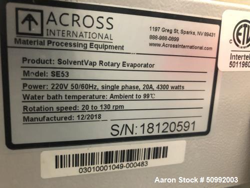 Used Across International SolventVap 20L Rotary Evaporator with Chiller