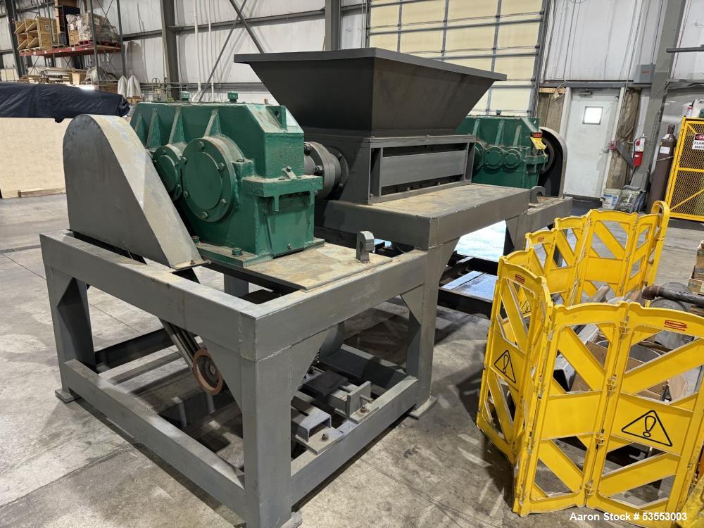 Used Twin Shaft Shredder. Feed throat approximate 22-1/4" x 39-1/4". Knife diameter approximate 10", approximate 1-1/4" thick. Driven by (2) 18.5kW, 3/60/240 Volt, 1760 rpm motor thru reducer, 71 to ...