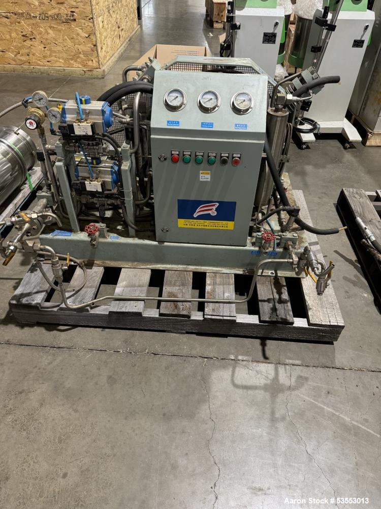 Used Anqing Bailian Oil-Free Reciprocating Carbon Dioxide Compressor, Model CW-15/6-65. Capacity 15 Nm3/h. 5.5kW motor. Inlet pressure 0.6 MPA. 600 RPM. Air cooled. 2019.
