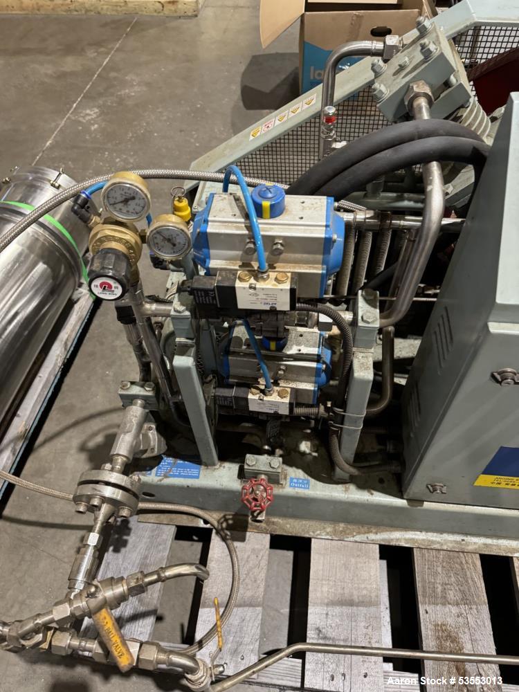 Used Anqing Bailian Oil-Free Reciprocating Carbon Dioxide Compressor, Model CW-15/6-65. Capacity 15 Nm3/h. 5.5kW motor. Inlet pressure 0.6 MPA. 600 RPM. Air cooled. 2019.