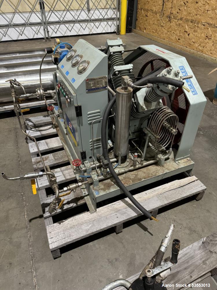 Used Anqing Bailian Oil-Free Reciprocating Carbon Dioxide Compressor, Model CW-15/6-65. Capacity 15 Nm3/h. 5.5kW motor. Inlet pressure 0.6 MPA. 600 RPM. Air cooled. 2019.
