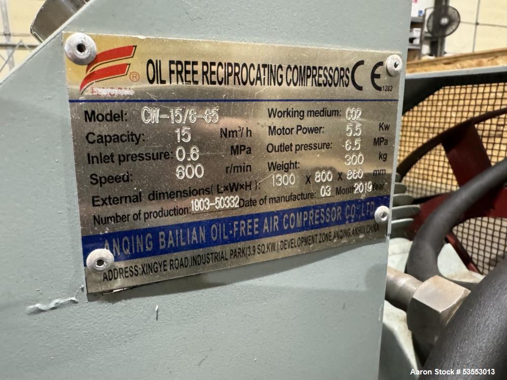 Used Anqing Bailian Oil-Free Reciprocating Carbon Dioxide Compressor, Model CW-15/6-65. Capacity 15 Nm3/h. 5.5kW motor. Inlet pressure 0.6 MPA. 600 RPM. Air cooled. 2019.