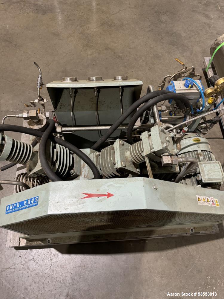 Used Anqing Bailian Oil-Free Reciprocating Carbon Dioxide Compressor, Model CW-15/6-65. Capacity 15 Nm3/h. 5.5kW motor. Inlet pressure 0.6 MPA. 600 RPM. Air cooled. 2019.