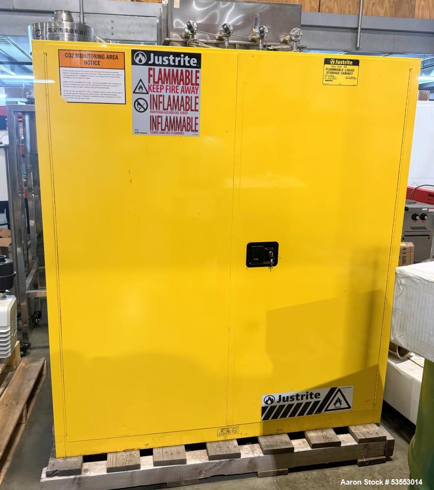 Used JustRite Flammable Liquid Storage Cabinet, Model Sure-Grip Ex. (2) 55 Gallon Drum capacity. 416 Liter capacity. Interior dimensions 56" wide x 30.34" deep x 60.5" tall. Exterior dimensions 59" w...