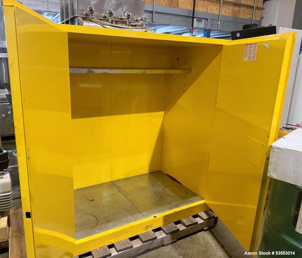 Used JustRite Flammable Liquid Storage Cabinet, Model Sure-Grip Ex. (2) 55 Gallon Drum capacity. 416 Liter capacity. Interior dimensions 56" wide x 30.34" deep x 60.5" tall. Exterior dimensions 59" w...