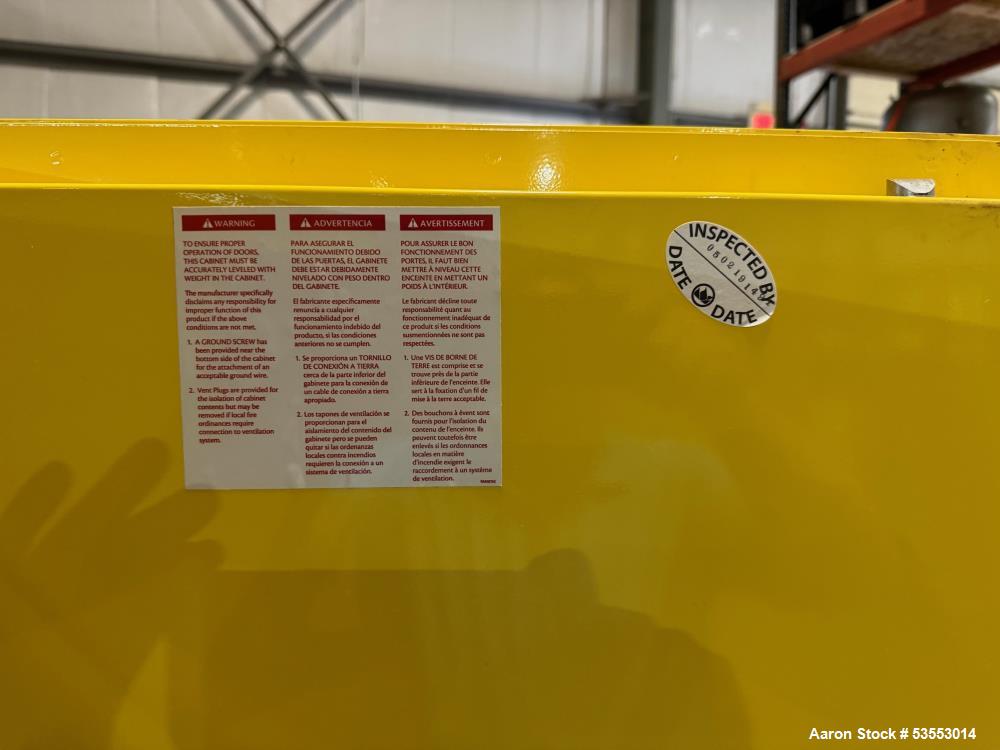 Used JustRite Flammable Liquid Storage Cabinet, Model Sure-Grip Ex. (2) 55 Gallon Drum capacity. 416 Liter capacity. Interior dimensions 56" wide x 30.34" deep x 60.5" tall. Exterior dimensions 59" w...