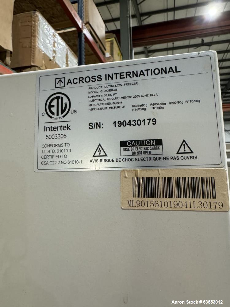 Used Across International (Ai) Ultra Low Upright Freezer, Model Glacier 35. 35 Cubic Foot Capacity. Temperature range -10 to -86 degrees C. Chamber dimensions 40.25" wide x 27.5" deep x 54.25" tall. ...