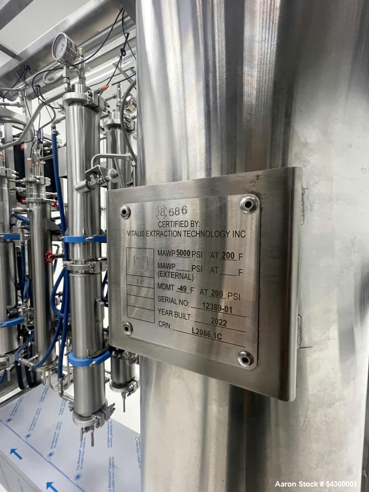 Unused Vitalis Extraction System, Model R200H-SS-GMP. (2) 100 L  stainless steel vessels, 35-150 degrees F extraction temperature range, 0-5000psi extraction pressure range. Includes Accumulator/Pump...