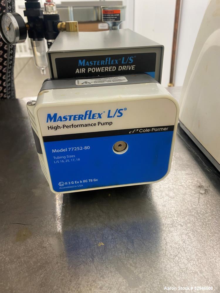 Used Masterflex L/S High-Performance Peristaltic Pump Model# 77252-80. Includes Masterflex L/S model 7569-00 air powered drive. Tubing sizes: L/S 16, 25, 17, 18. 60-600 RPM. 14 cfm @ 100 psig.