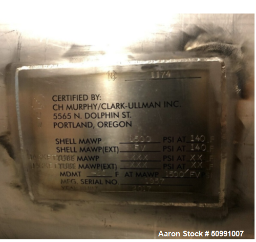 Used CH Murphy Approximate 50 Gallon Stainless Steel Jacketed Storage Tank