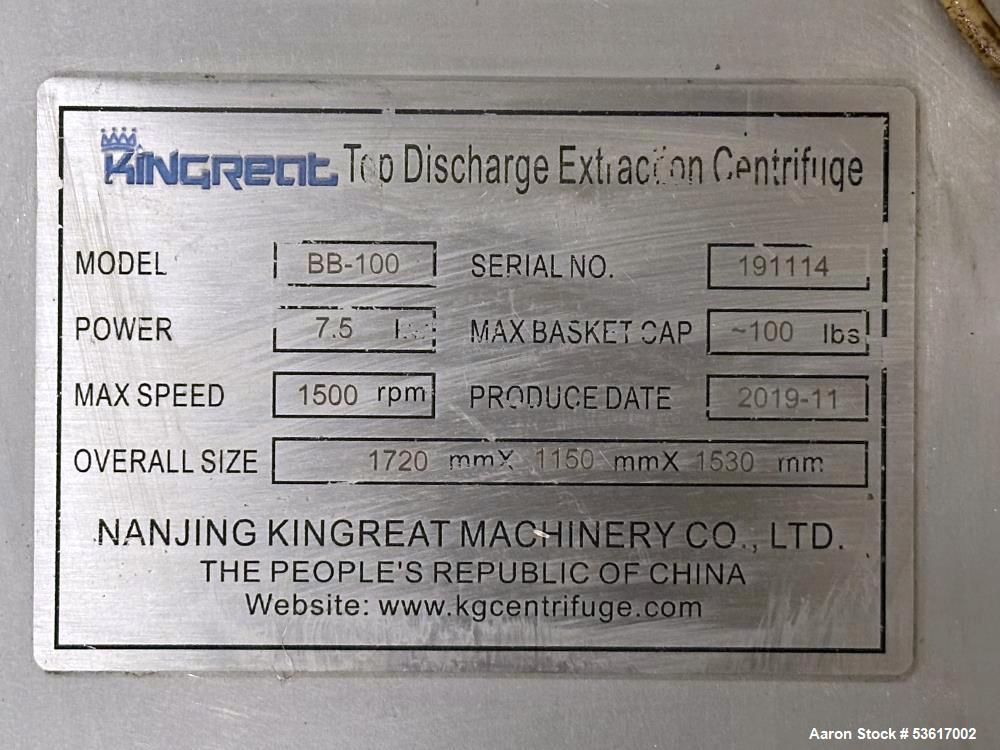 Used Nanjing Kingreat BB-100 Basket Centrifuge – 100 lb Capacity, 1500 RPM