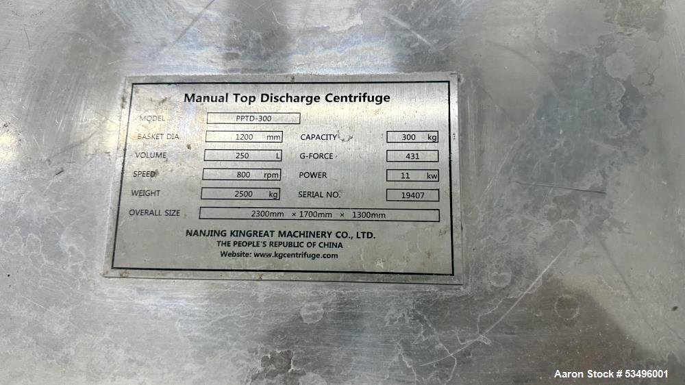 Industrial 300kg Basket Centrifuge for Sale – Nanjing Kingreat PPTD-300, 431 G