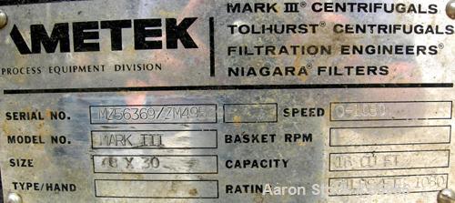 Used Stainless Steel Ametek Perforated Basket Centrifuge
