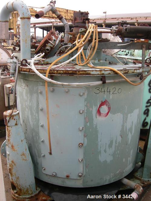 USED: Delaval/ATM Mark III, 48" x 30" solid bowl basket centrifuge, 316 stainless steel curb, stainless steel clad top. Max bowl speed 1380 rpm, max capacity 16 cubic feet. Pneumatic full length plow...