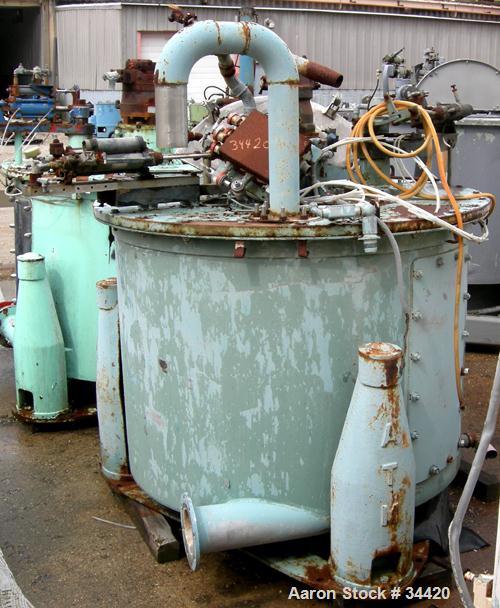 USED: Delaval/ATM Mark III, 48" x 30" solid bowl basket centrifuge, 316 stainless steel curb, stainless steel clad top. Max bowl speed 1380 rpm, max capacity 16 cubic feet. Pneumatic full length plow...