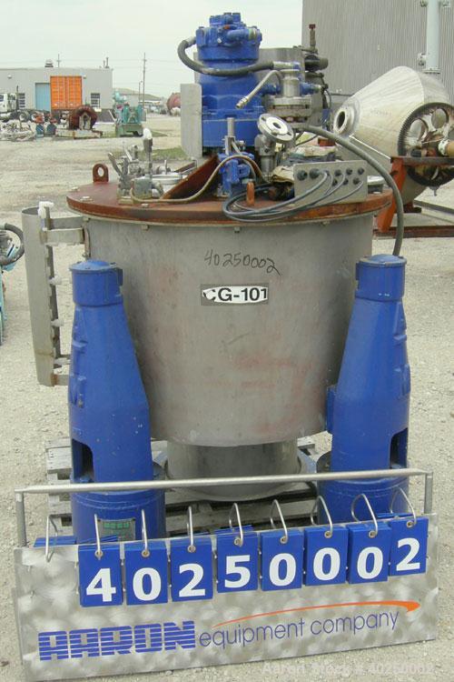 Used Delaval/ATM 24" x 14" perforated basket centrifuge, Hastelloy C-276 construction (product contact areas). Max bowl speed 1475 rpm, top feed, bottom unload, 2.1875 cubic foot basket cake solids c...