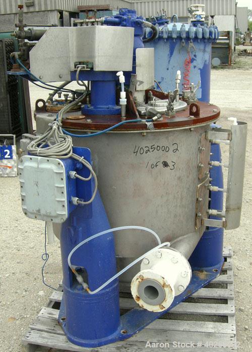 Used Delaval/ATM 24" x 14" perforated basket centrifuge, Hastelloy C-276 construction (product contact areas). Max bowl speed 1475 rpm, top feed, bottom unload, 2.1875 cubic foot basket cake solids c...