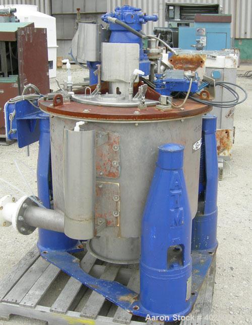 Used Delaval/ATM 24" x 14" perforated basket centrifuge, Hastelloy C-276 construction (product contact areas). Max bowl speed 1475 rpm, top feed, bottom unload, 2.1875 cubic foot basket cake solids c...