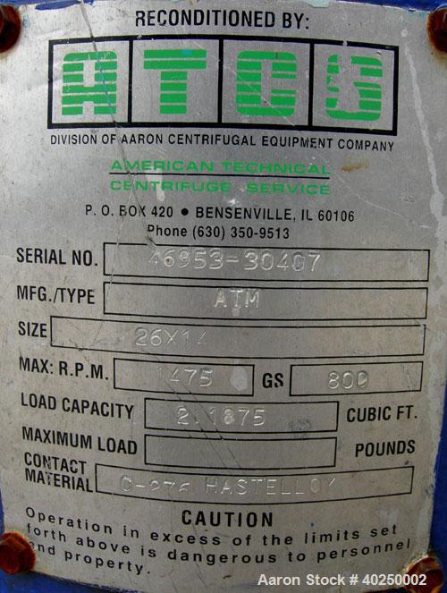 Used Delaval/ATM 24" x 14" perforated basket centrifuge, Hastelloy C-276 construction (product contact areas). Max bowl speed 1475 rpm, top feed, bottom unload, 2.1875 cubic foot basket cake solids c...