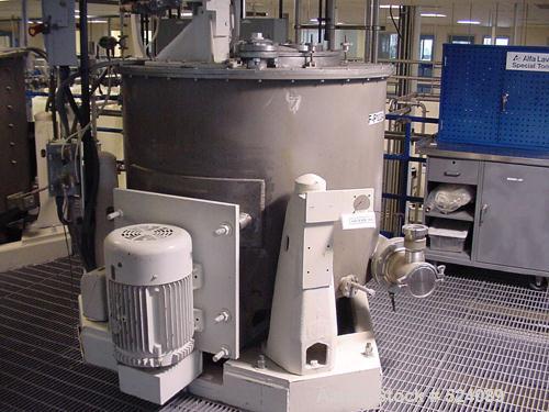 USED: Sharples 48" x 30" perforated basket centrifuge, 316 stainless steel construction on product contact areas. Top load, bottom unload. 16 cubic foot solids capacity (basket). Max bowl speed 1150 ...