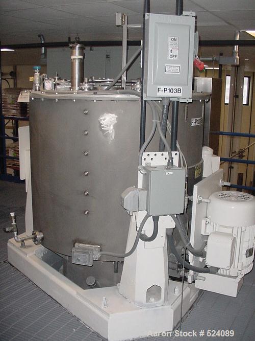 USED: Sharples 48" x 30" perforated basket centrifuge, 316 stainless steel construction on product contact areas. Top load, bottom unload. 16 cubic foot solids capacity (basket). Max bowl speed 1150 ...