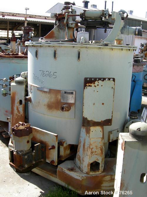 USED: Sharples SP-6500 48" x 30" solid bowl basket centrifuge, 316 stainless steel. Max bowl speed 1400 rpm, bowl dimensions 48" x 30" with accelerator ring, 16 cu ft solids capacity, tripod suspenso...