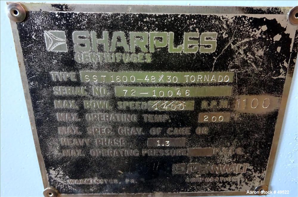 Reconditioned- Sharples SST-1600 (48" x 30") Perforated Basket Centrifuge,