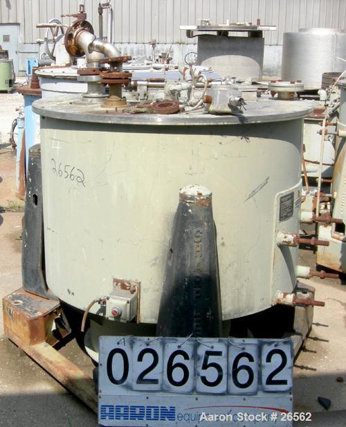 Used Sharples T-1300 Tornado 48 x 24 Perforate Basket Centrifuge, 316 Stainless Steel. Bottom discharge. Maximum bowl speed 1150 rpm. 40 kW, 50 hp hydraulic drive 380/3/50/1475 rpm with oil reservoir...