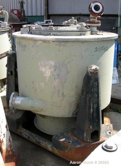 Used Sharples T-1300 Tornado 48 x 24 Perforate Basket Centrifuge, 316 Stainless Steel. Bottom discharge. Maximum bowl speed 1150 rpm. 40 kW, 50 hp hydraulic drive 380/3/50/1475 rpm with oil reservoir...