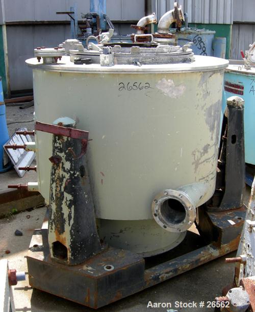 Used Sharples T-1300 Tornado 48 x 24 Perforate Basket Centrifuge, 316 Stainless Steel. Bottom discharge. Maximum bowl speed 1150 rpm. 40 kW, 50 hp hydraulic drive 380/3/50/1475 rpm with oil reservoir...