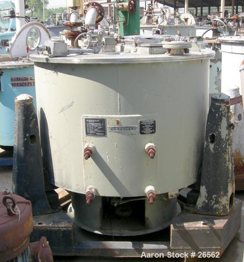 Used Sharples T-1300 Tornado 48 x 24 Perforate Basket Centrifuge, 316 Stainless Steel. Bottom discharge. Maximum bowl speed 1150 rpm. 40 kW, 50 hp hydraulic drive 380/3/50/1475 rpm with oil reservoir...