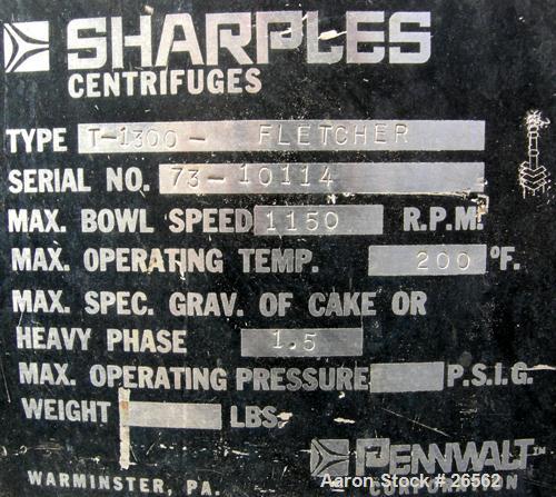 Used Sharples T-1300 Tornado 48 x 24 Perforate Basket Centrifuge, 316 Stainless Steel. Bottom discharge. Maximum bowl speed 1150 rpm. 40 kW, 50 hp hydraulic drive 380/3/50/1475 rpm with oil reservoir...