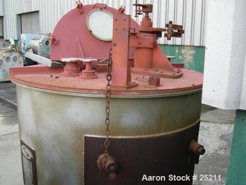 USED: Sharples 48" x 24" Tornado perforate basket centrifuge. Shell is Carpenter-20, bowl is 316L stainless steel. Max bowl speed 1150 rpm. 12.5 cubic foot capacity, belt underdriven, top loading, bo...