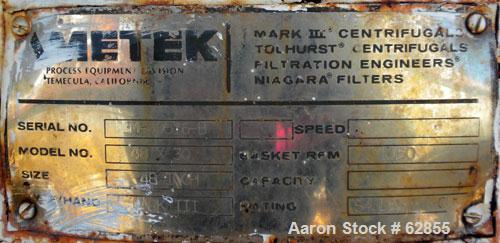 Used Tolhurst Ametek Mark III 48" x 30" Perforated Basket Centrifuge. Rubber lined curb housing/top cover. Top load, bottom unload. Maximum bowl speed 1150 rpm, tri-pod suspension system, Hastelloy C...