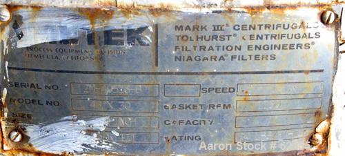 Used Tolhurst Ametek Mark III 48" x 30" Perforated Basket Centrifuge. Rubber lined curb housing/top cover. Top load, bottom unload. Maximum bowl speed 1150 rpm, tri-pod suspension system, Hastelloy C...