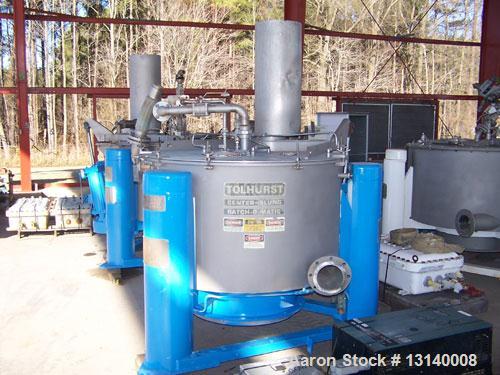 Used-Tolhurst Batch-O-Matic Mark III 48" x 24" Perforated Basket Centrifuge.  Flip top design.  Constructed of Hastelloy C-2...