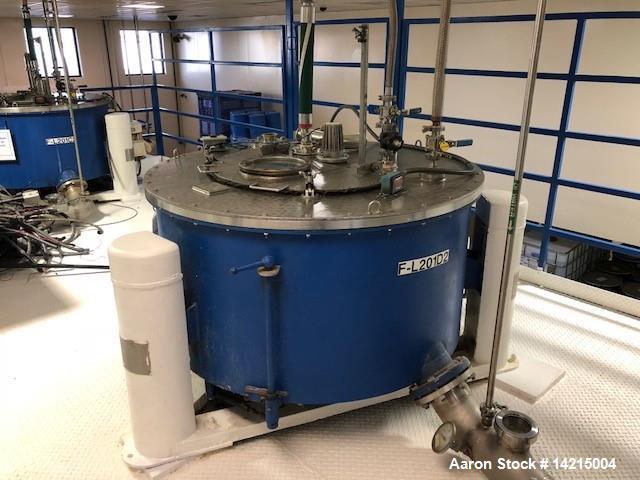 Used- Tolhurst Center Slung Top Unload Basket Centrifuge. 48" diameter x 22" high. Stainless steel. Previously used on Marig...