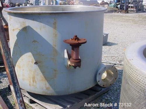 USED: Tolhurst 48" x 30" perforated basket centrifuge. Stainless steel construction on product contact areas. Top load, bottom unload, max bowl speed 1080 rpm, tri-pod suspension system, double motio...