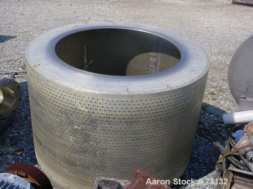 USED: Tolhurst 48" x 30" perforated basket centrifuge. Stainless steel construction on product contact areas. Top load, bottom unload, max bowl speed 1080 rpm, tri-pod suspension system, double motio...