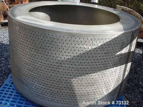 USED: Tolhurst 48" x 30" perforated basket centrifuge. Stainless steel construction on product contact areas. Top load, bottom unload, max bowl speed 1080 rpm, tri-pod suspension system, double motio...