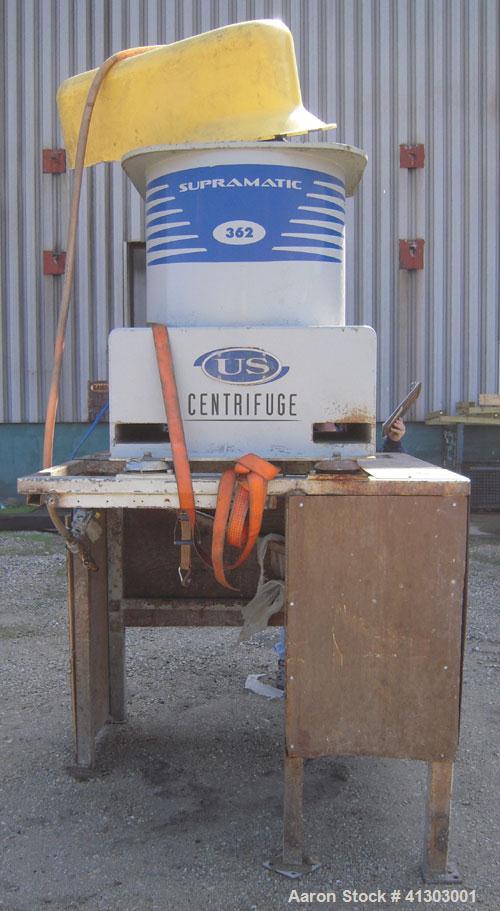 Used US Centrifuge, Model A362, Supramatic, 18" ID solid wall basket centrifuge.  Top load, bottom unload, max bowl speed 3000 rpm.  Rated 60 gpm max.  Driven by a 15 hp, 3/60/460 volt, 1775 rpm moto...