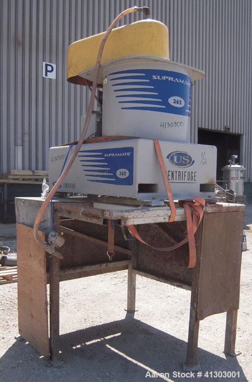 Used US Centrifuge, Model A362, Supramatic, 18" ID solid wall basket centrifuge.  Top load, bottom unload, max bowl speed 3000 rpm.  Rated 60 gpm max.  Driven by a 15 hp, 3/60/460 volt, 1775 rpm moto...
