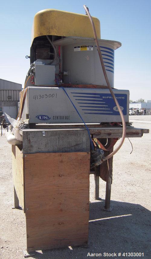 Used US Centrifuge, Model A362, Supramatic, 18" ID solid wall basket centrifuge.  Top load, bottom unload, max bowl speed 3000 rpm.  Rated 60 gpm max.  Driven by a 15 hp, 3/60/460 volt, 1775 rpm moto...