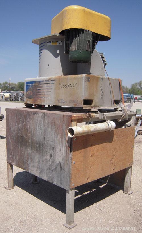 Used US Centrifuge, Model A362, Supramatic, 18" ID solid wall basket centrifuge.  Top load, bottom unload, max bowl speed 3000 rpm.  Rated 60 gpm max.  Driven by a 15 hp, 3/60/460 volt, 1775 rpm moto...
