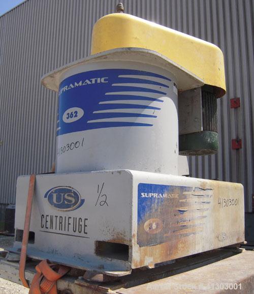 Used US Centrifuge, Model A362, Supramatic, 18" ID solid wall basket centrifuge.  Top load, bottom unload, max bowl speed 3000 rpm.  Rated 60 gpm max.  Driven by a 15 hp, 3/60/460 volt, 1775 rpm moto...