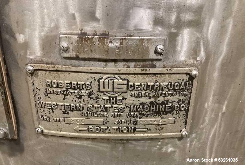 Used Roberts-Western States G-16 Centerslung 48" Sugar Basket Centrifuge – Fully Automatic Sugar Processing Centrifuge